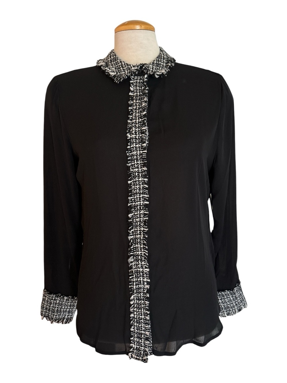 Ellen Tracy Black Blouse with Black-and-White Tweed Trim